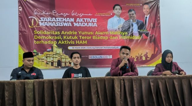 Keterangan foto : Puluhan aktivis PC Ikatan Mahasiswa Muhammadiyah (IMM) bersama aliansi Badan Eksekutif Mahasiswa (BEM) lintas kampus menggelar aksi solidaritas dan diskusi publik, Rabu (18/3/2026)